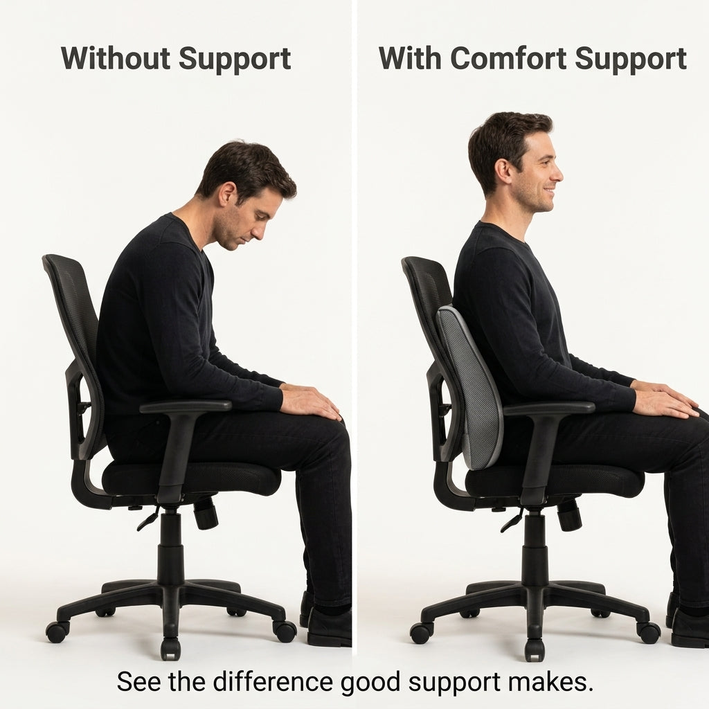 Ergonomic seating support cushion shown on an office chair