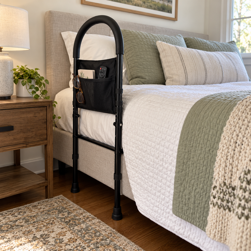 Adjustable Height Hand Bed Rail with Pouch
