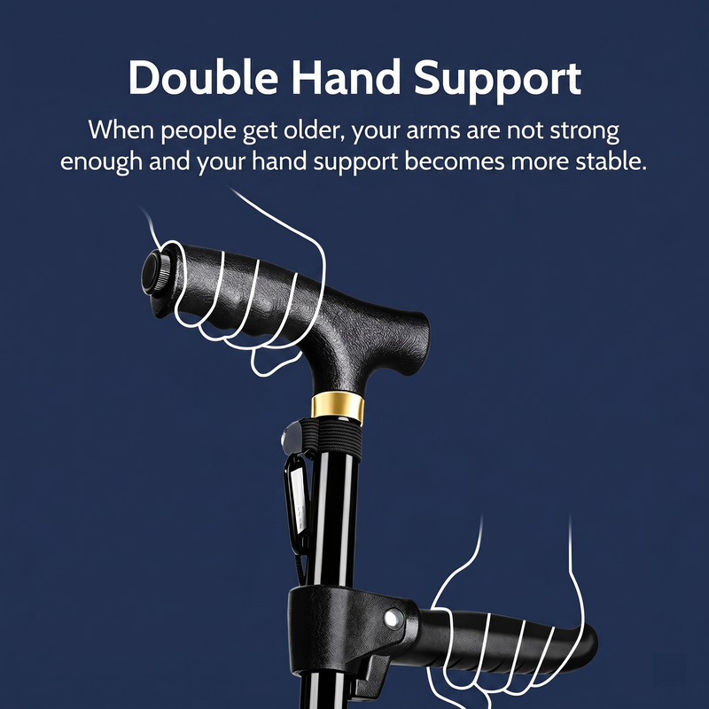 Close view of dual handle walking stick grips and support design