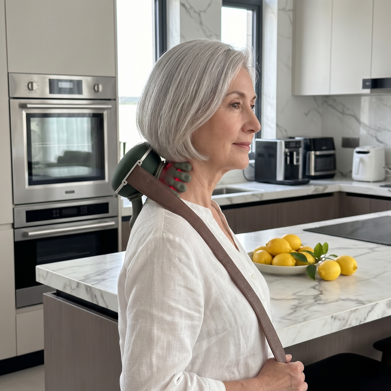 Bionic kneading massager positioned around the neck for relaxation