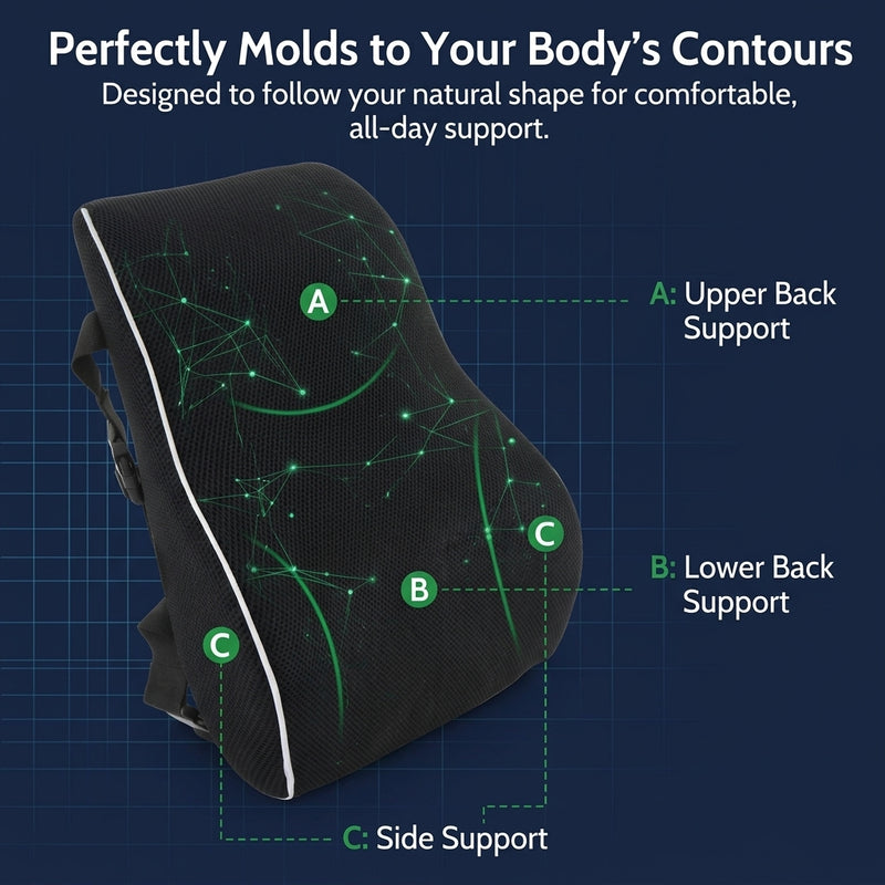 Lumbar support cushion shown in a car seat for daily driving