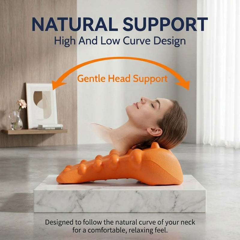 Nodal back massager positioned for upper back stretching at home